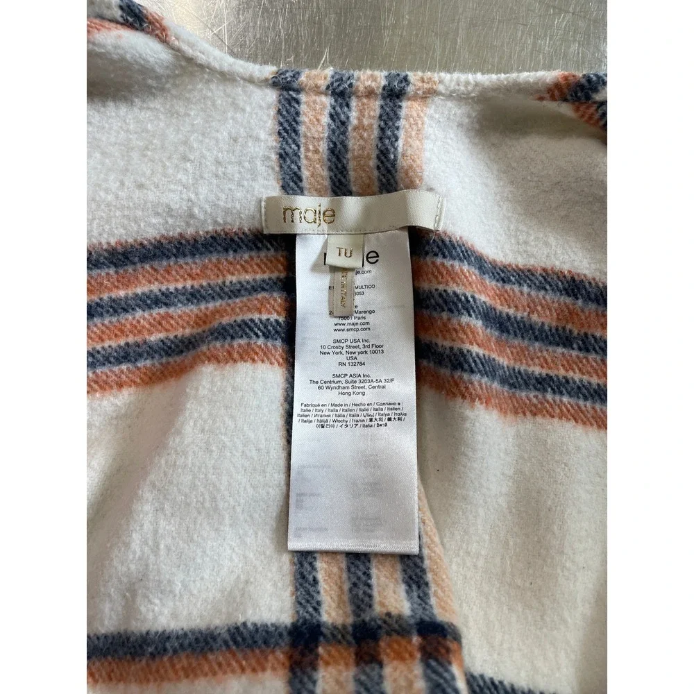 Made in Italy Maje Marengo Plaid Poncho Wrap Shawl Fringe Trim Cream Navy Orange